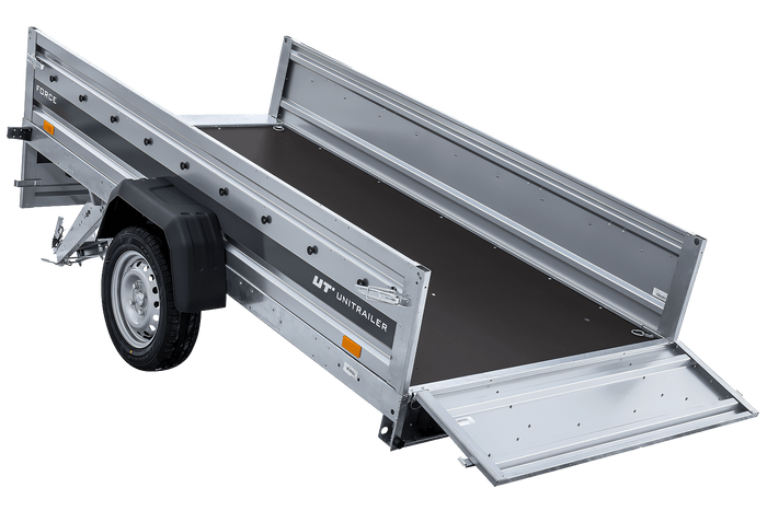 Autotransportanhänger 264×125 UNITRAILER FORCE 264 KIPP mit Gitterwänden, H-800 Rahmen und blauer Plane-Neu