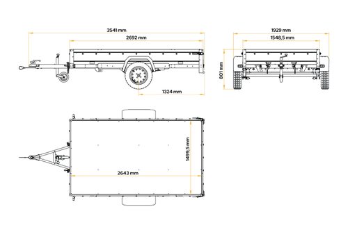 Autotransportanhänger auf Blattfedern 264×150 UNITRAILER GARDEN 265/R KIPP mit Gitterwänden, H-800 Rahmen und grauer Plane-Neu