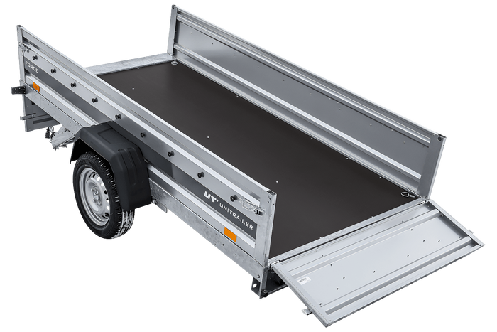 Einachsiger Anhänger auf Blattfedern 264×125 UNITRAILER FORCE 264/R KIPP mit Gitterseitenwänden, H-0-Rahmen und blauer Plane-Neu