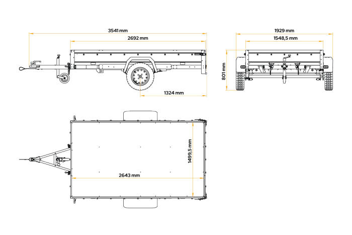 Einachsiger Anhänger auf Blattfedern 264×150 UNITRAILER GARDEN 265/R KIPP mit H-0-Rahmen und grauer Plane-Neu