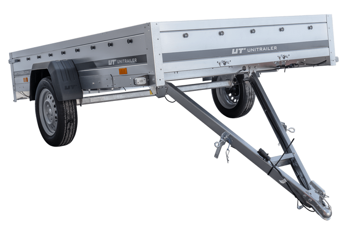 PKW-Anhänger 264×150 UNITRAILER GARDEN 265 KIPP mit Gitteraufsatz, Hochspriegel H-800 und blauer Plane-Neu